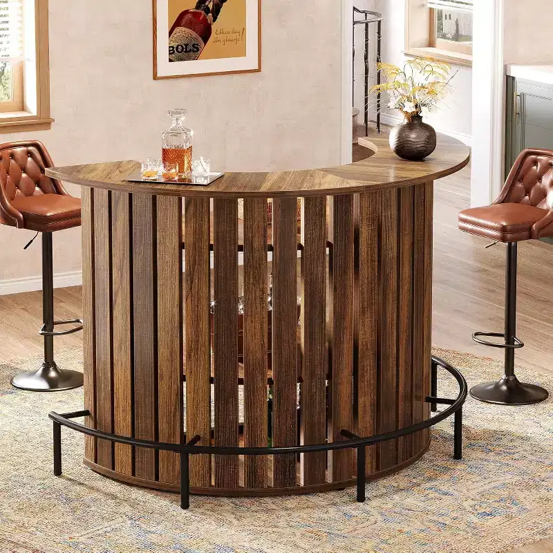 Lantine 4-Tier Bar Table, 39.4 H with Footrest, Arc-Shaped, Modern Wine Bar Cabinet for Home Pub, Living Room, Rustic Brown.