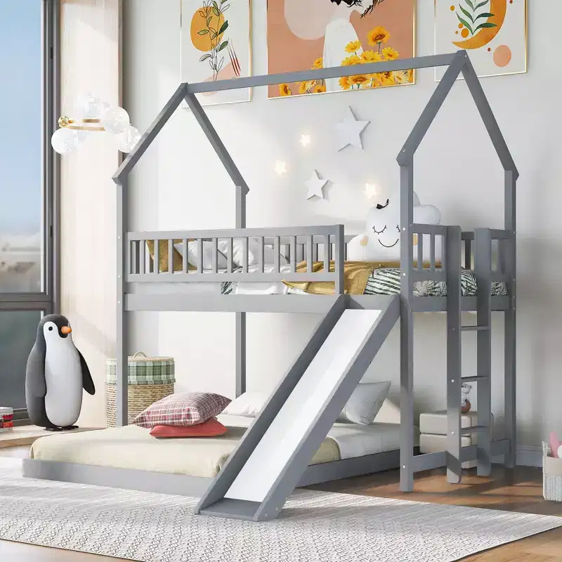 Twin over Full Bunk House Bed with Built-in Ladder and Slide, Wooden Bunk Bed Frame with Full-Length Guardrail for Girls Boys Bedroom