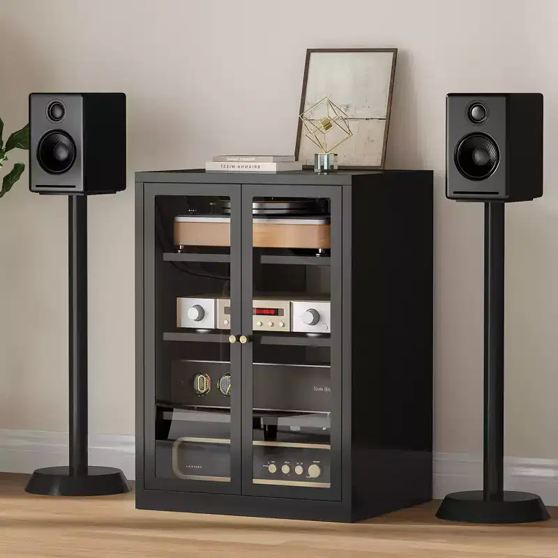 Bekrvio Metal Media Cabinet, 4-Tier Stereo Cabinet with Glass Doors & Adjustable Shelves, Audio AV Rack with Cable Management