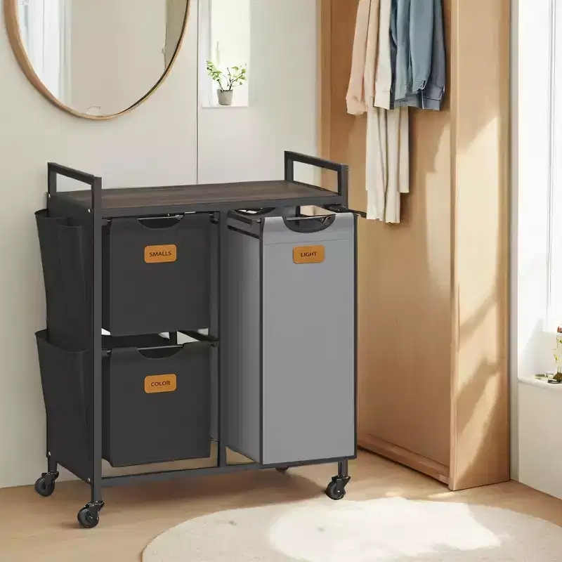 Laundry Hamper 26.4 Gal(100 L) 3-Compartment Laundry Sorter with Rolling Feature, Shelves and 6 Labels