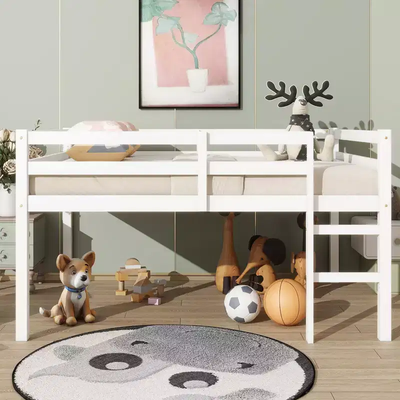 MAYEERTY Rubber Woood Loft Bed with Safety Ladder White