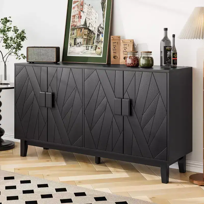 55 Modern Black Sideboard Buffet Cabinet, 4-Door Engineered Wood Credenza with Abstract Geometric Line Pattern & Solid Wood Legs - Panipeachy