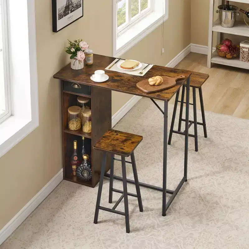 Bar Height Table and Chairs 2 Piece Small High Top Kitchen Table for 2 Seater, 3 Large Storage Shelves Space Saving for Dinner Pub Breakfast Brunch