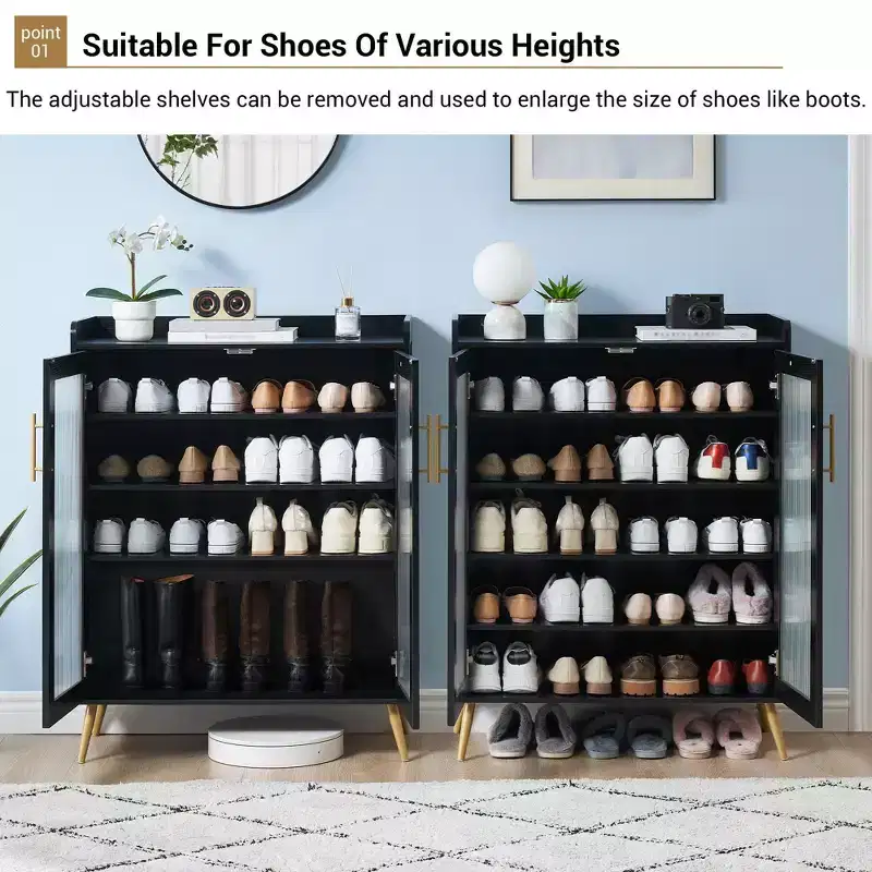 5-Tier Shoe Storage Cabinet with Glass Doors, Wooden Shoes Rack  Shoe Organizer for Entryway, Hallway,