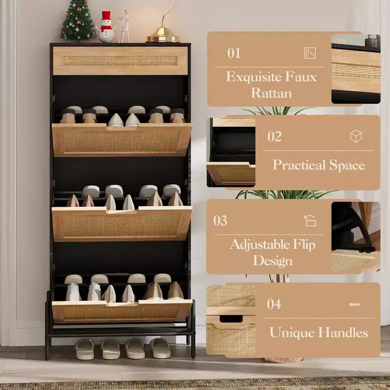Shoe Cabinet, Shoe Storage with 3 Flip Doors, Natural Rattan Shoe Rack with Adjustable Shelf, 1 Drawer, Shoe Organizer Cabinet for Entryway
