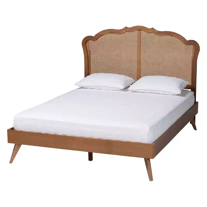 Queen Wood and Rattan Platform Bed Walnut Brown