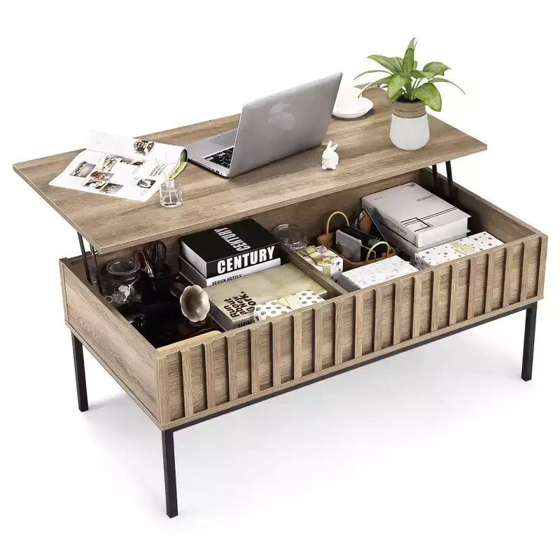 Wooden Lift Top Coffee Table 43'' Living Room Center Table with Hidden Storage Compartment, Lift Tabletop Dining Desk, Teak Finish