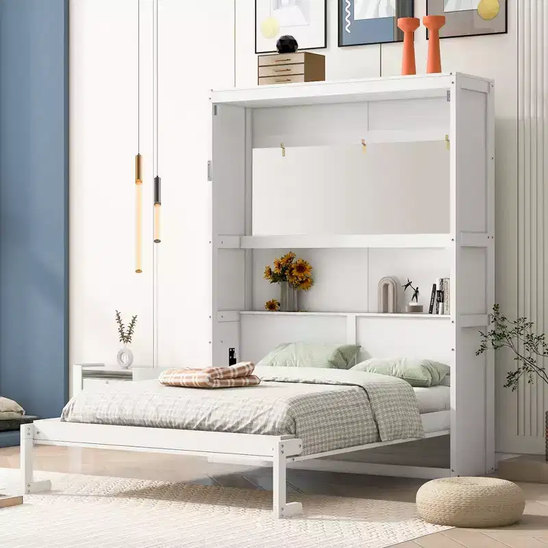 Full/Queen Murphy Bed with Built-In Shelves White/Gray