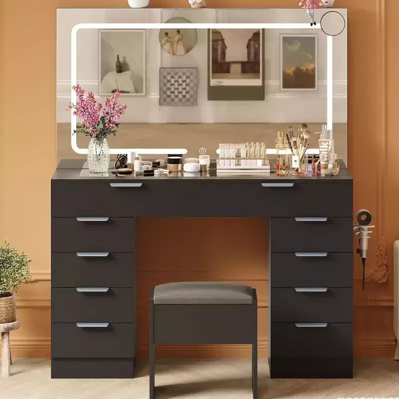 46 Modern Makeup Dressing Table Set with Mirror, with Glass Top, Magnifying Glass, Hairdryer Holder 10 Drawers and Stool for Bedroom, Cloakroom