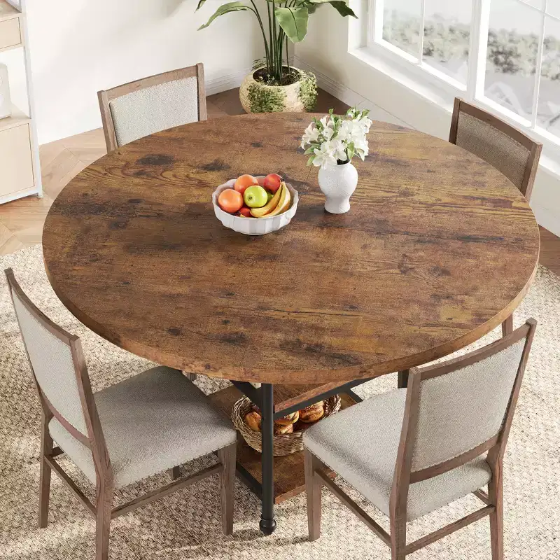 47 In Round Dining Table for 6,Dinner Wooden Kitchen Table with Storage Shelves & Roman Metal Legs for Dining Room,Kitchen,Living Room (Table Only)