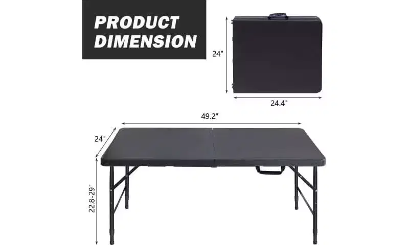 49.2in Folding Table, 300 Lbs Capacity, Waterproof, Easy to Clean, Metal Frame, with Handle, Ideal for Indoor/Outdoor,Camping,Picnic,Party, BBQ, Black