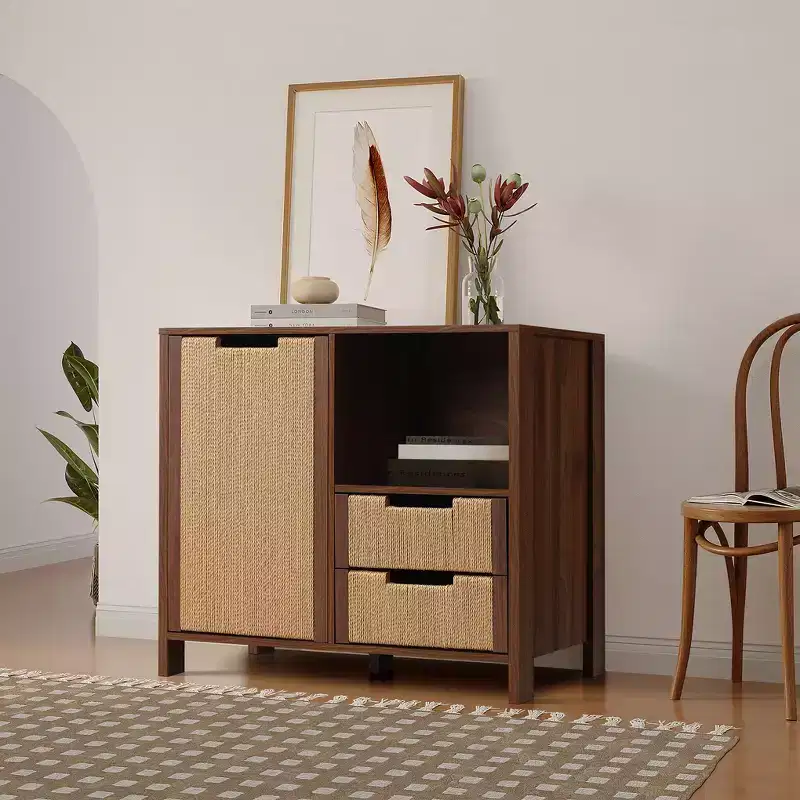 34 Walnut Buffet Cabinet with Storage, Seagrass Boho Woven Rope 2-Drawer Accent Cabinet with Door Brown