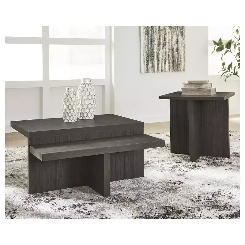 Signature Design by Ashley Zendex Occasional Table Set, Coffee Table and End Table, Dark Brown Wood Grain