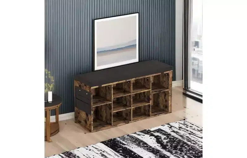 Beige Upholstered Shoe Storage Bench with Cushion, 10-Cubby, 2-Person