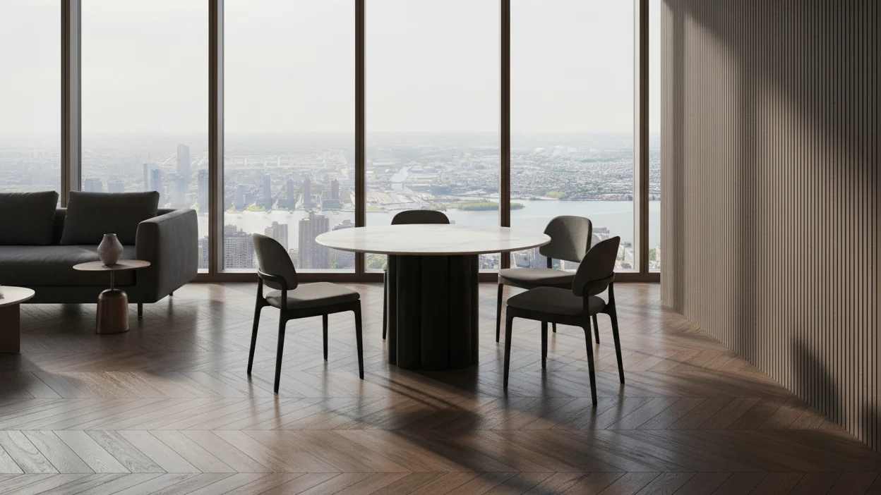 Organic Marble & Wood Round Dining Table with Tree-Trunk Pedestal Base for Dining Rooms