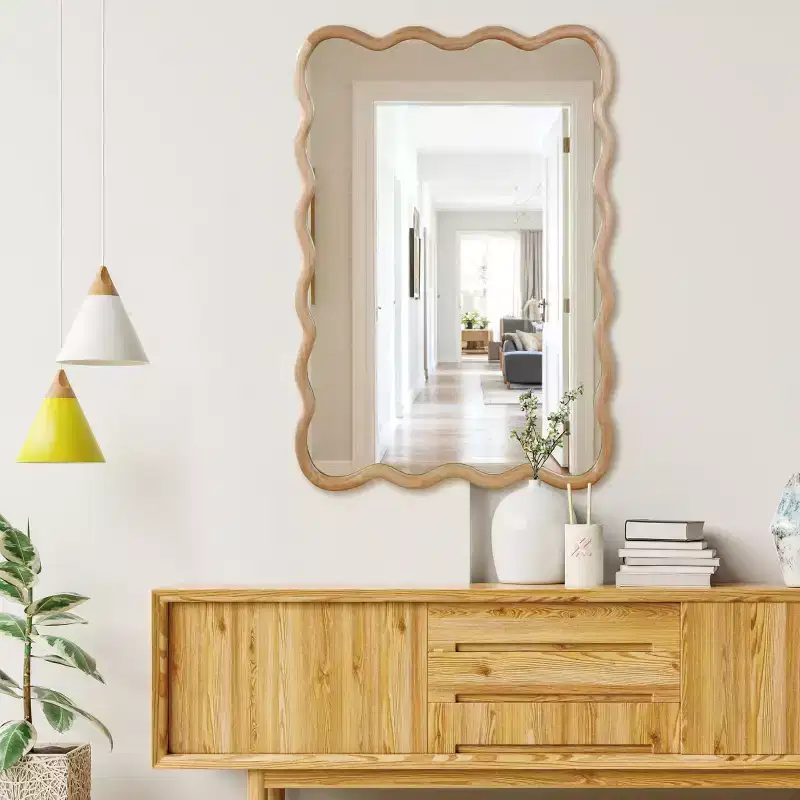24 x 36 inch Natural Wood Color Wavy Rectangle Solid Wood Frame Wall Decorative Mirror for Home