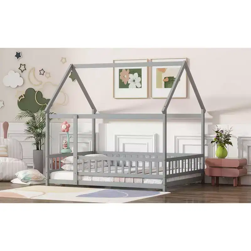 Full House Floor Wooden Bed with Floor Frames, Safety Guardrails Gray