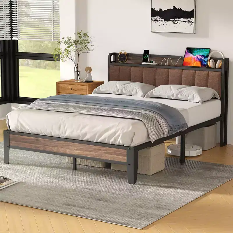 Lusimo Bed Frame Queen Upholstered Platform Bed with Storage Headboard and Charging Station