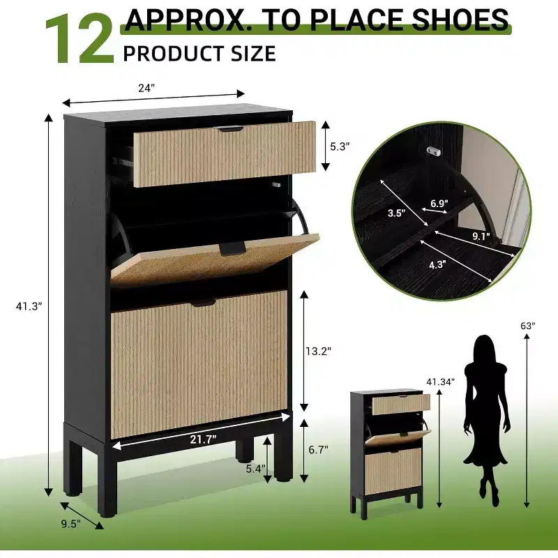 Acekool Shoe Storage Organizer with 2 Flip Drawers & Small Drawer, Slim Entryway Cabinet with Fluted Doors