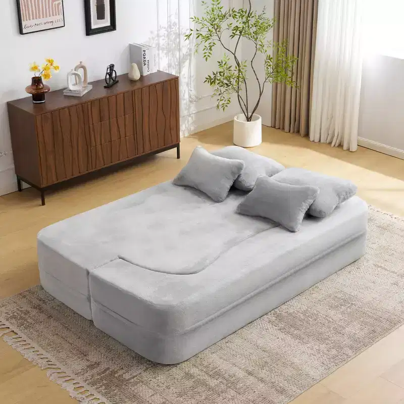 Modern Floor Sofa with 4 Pillows, Plush Fabric Futon Sofa Couch, High-Density Foam Folding Mattress for Living Room