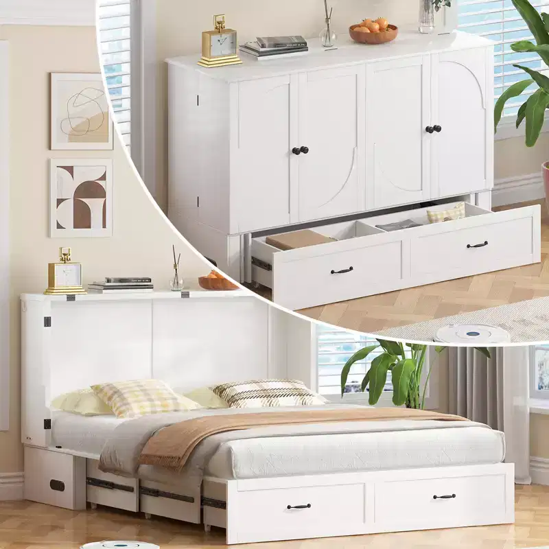 Modern Murphy Bed Queen Size with Charging&Storage,Optional Mattress