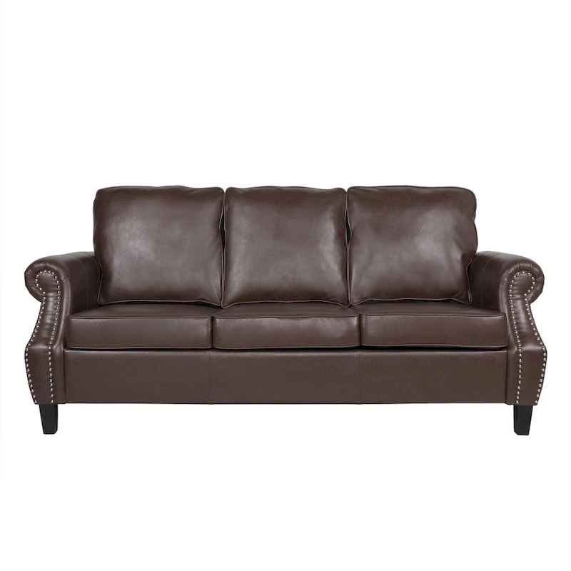 Dark Brown Modern 80 Faux Leather 3-Seater Sofa with Birch Wood Legs and Nailheads