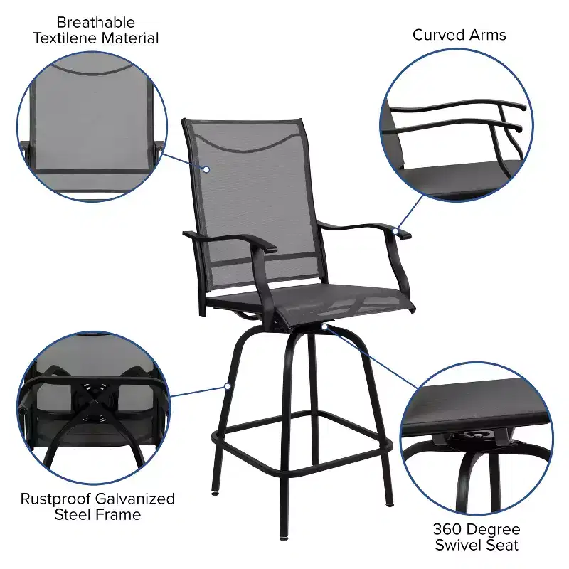 Merrick Lane Set of 2 Brett High Back Bar Height Swivel Patio Stools with Powder Coated Metal Frames and Textilene Upholstery