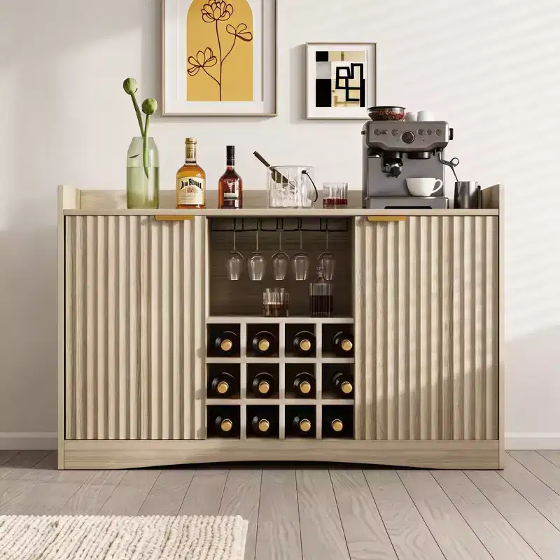 Wine Bar Cabinet with 9 Glass Holders, Fluted Liquor Coffee Bar Cabinet with Storage