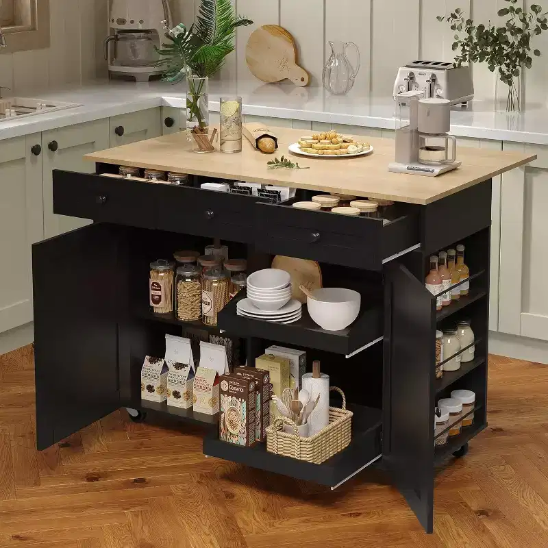 Rolling Kitchen Island with Drop Leaf Countertop, Charging Station & Ample Storage, Mobile Kitchen Cart On Wheels with Pull-Out Shelves
