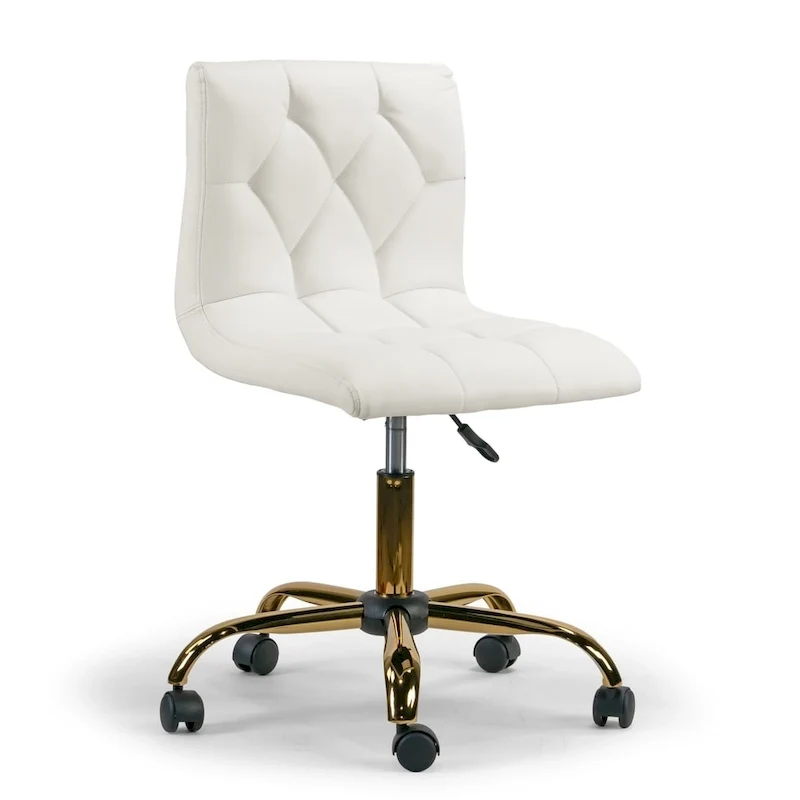 Off-White Faux Leather Armless Swivel Office Chair with Gold Base and Adjustable Height for 1 Person