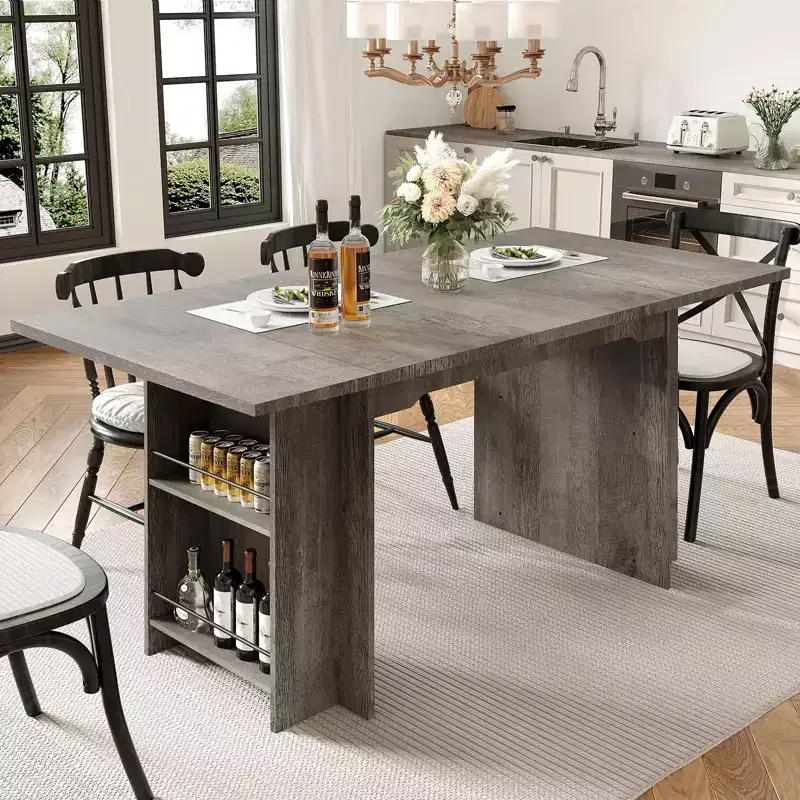 63 Inch Dining Table with 4 Storage Shelves, Seats 4-6, Wooden Kitchen Table with Large Tabletop for Living Room, Easy Assembly