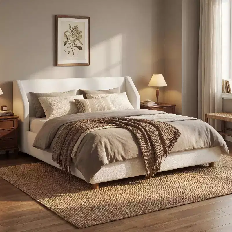 Sade Modern Wooden Boucl Upholstered Bed Frame with Extra-Wide Wingback Headboard