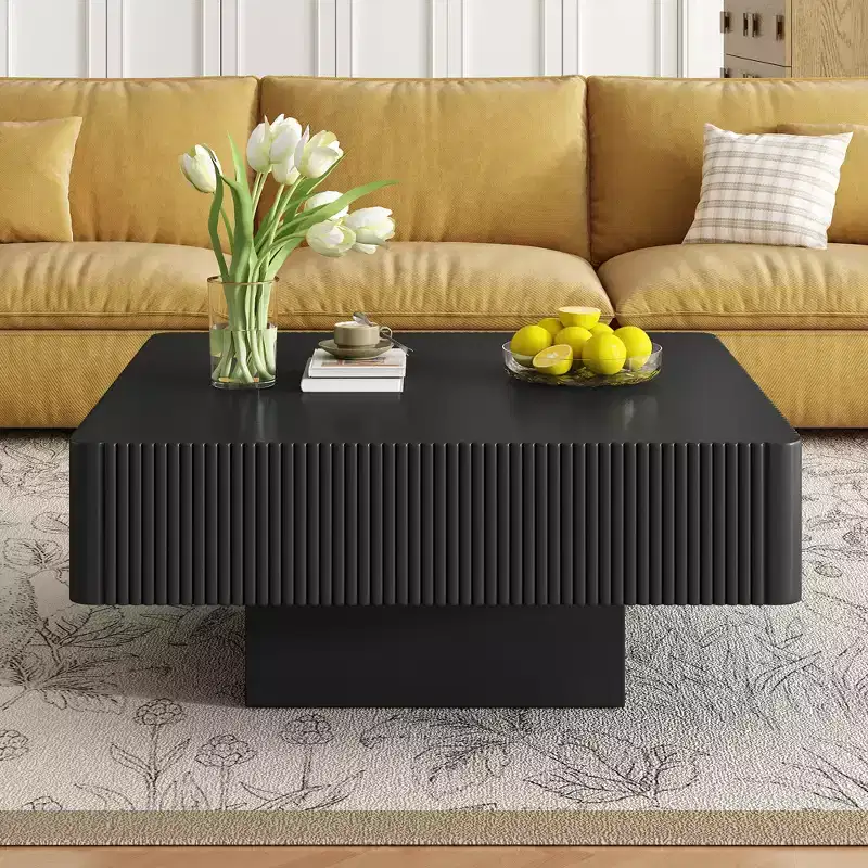 Wood Fluted Coffee Table, Modern Drum End Table, Square Center Table with Sturdy Base for Living Room