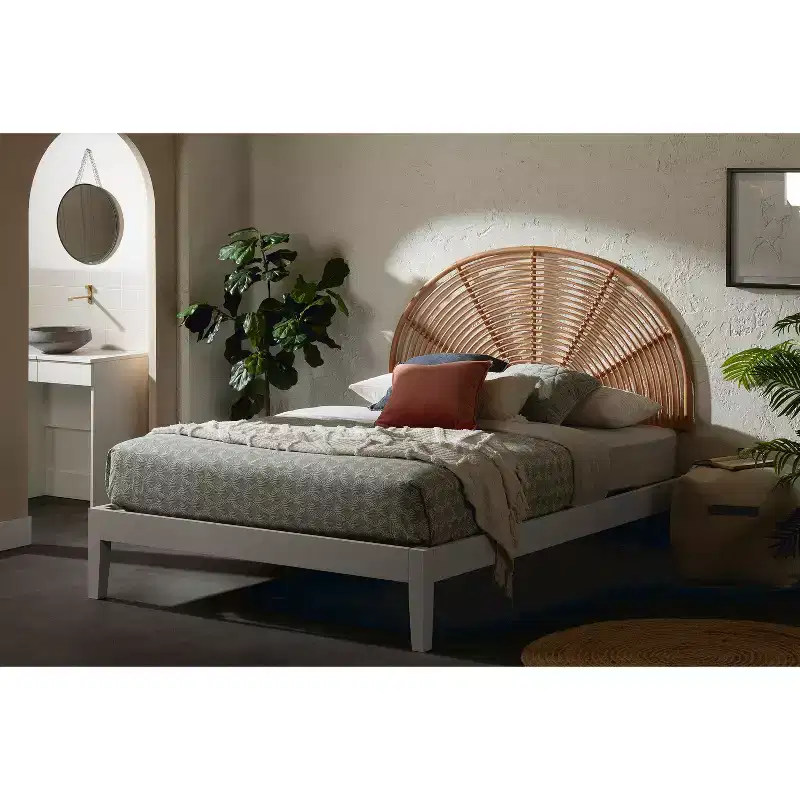 Natural Rattan Wall Mounted Headboard Bohemian Rainbow Half-Circle Handwoven Full Size