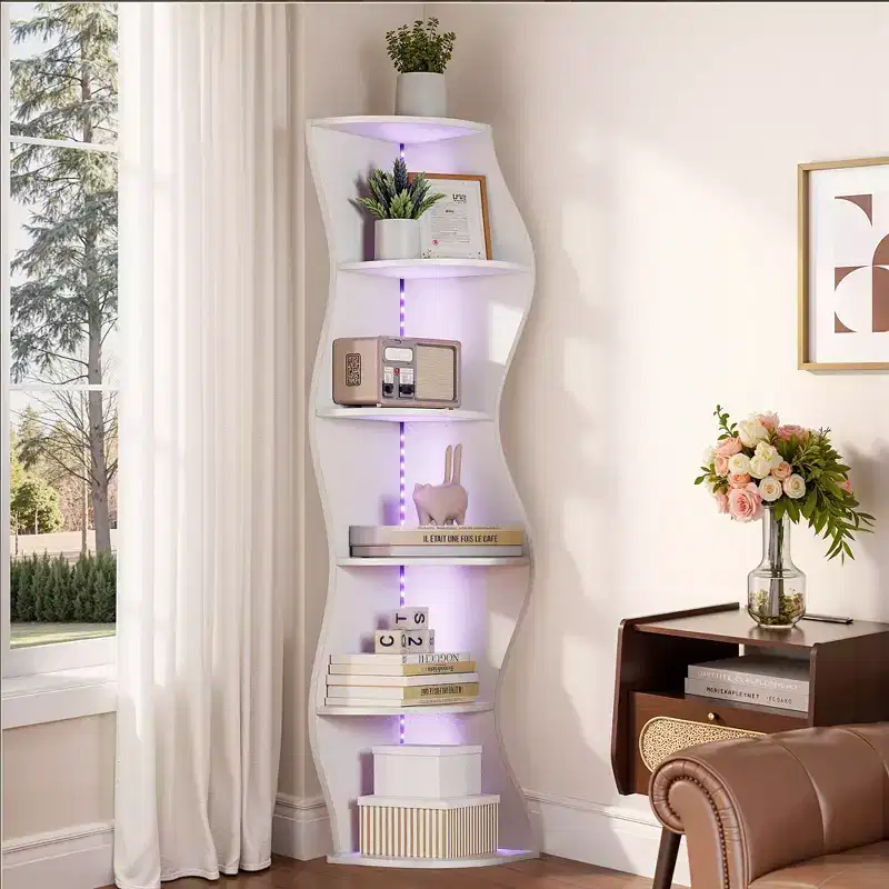 VECELO 5-Tier Wave Corner Shelf, Tall Vertical Storage Display Shelf for Small Spaces & Living Room, White