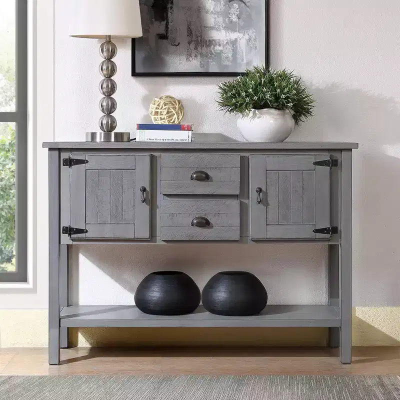 TUYOHW 46 Pine Wood Console Table with 2 Cabinets & 2 Drawers,Buffet Sideboard with Open Shelf,Rustic Entryway Table for Living Room,Hallway