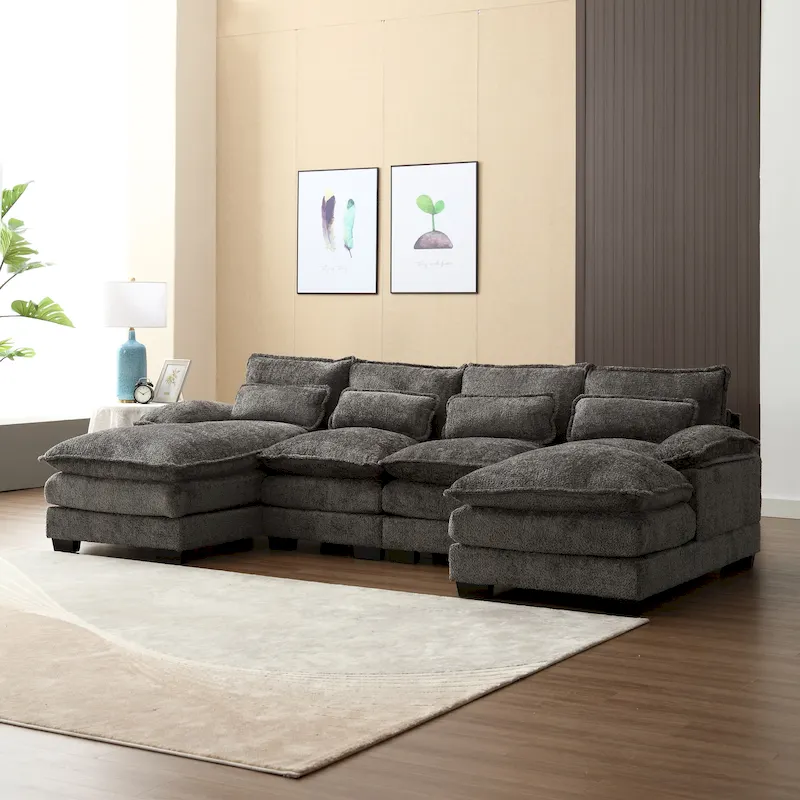110.63 Modern U-Shaped Chenille 4 Seater Sectional Sofa with Double Cushions, 2 Chaise and High-Density Foam
