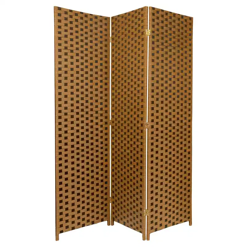 Oriental Furniture 6 ft. Tall Woven Fiber Room Divider Two-Tone Brown 3 Panel: Hardwood Frame, Metal Hinges