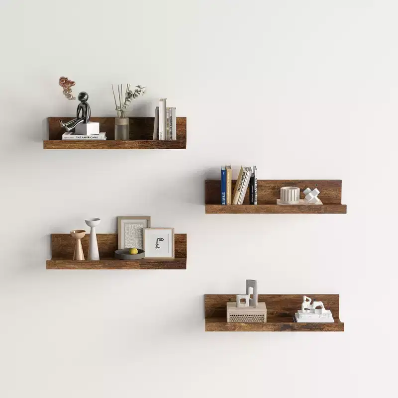 Wood Floating Shelves for Wall, 15.75 Inch Wide Rustic Wooden Floating Shelves, Wall Mounted Display for Living Room, Brown