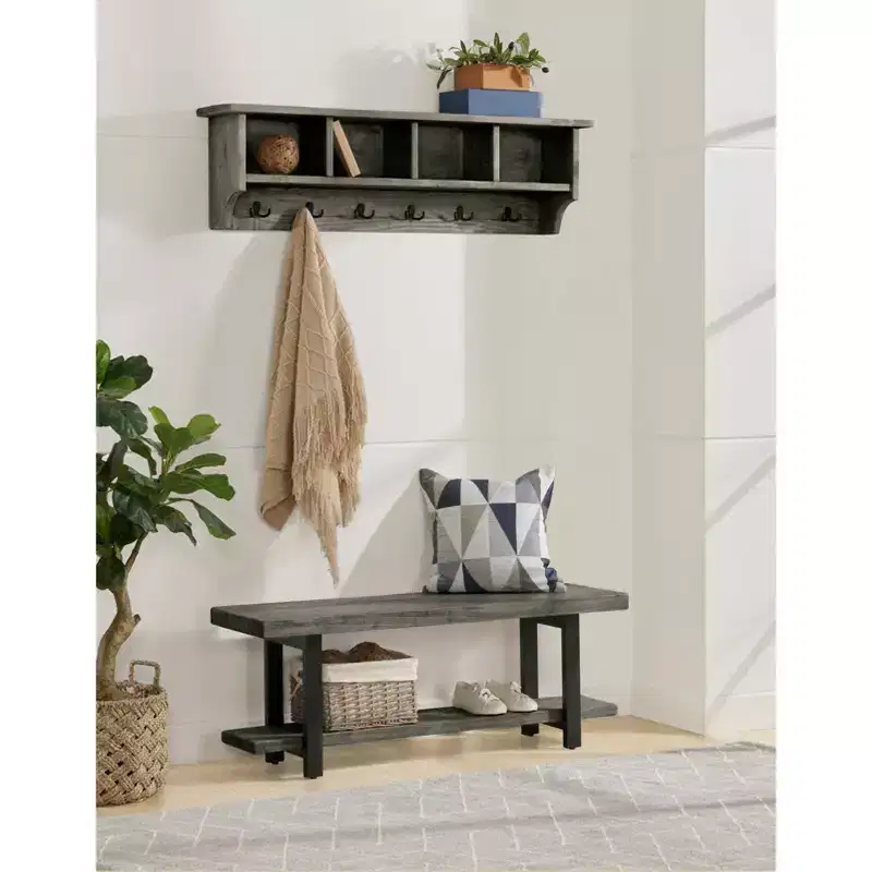 48 Pomona Metal and Wood Wall Coat Hook with Bench Slate Gray - Alaterre Furniture: Entryway Hall Tree Storage
