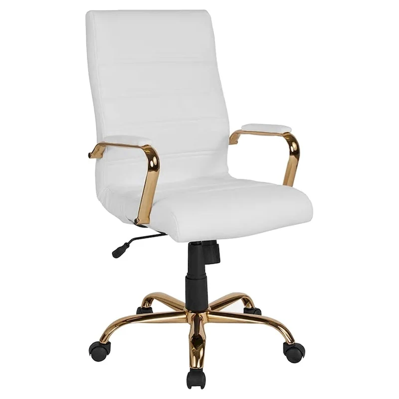 White & Gold High Back Swivel Office Chair, Faux Leather, 1-Person