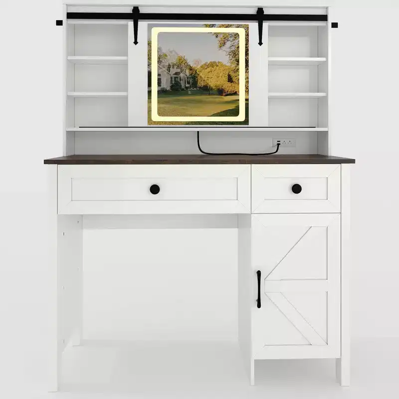 Modern Vanity Desk, 3 Drawers, Cabinet, Storage Stool, Shelves, for Home, Living Room