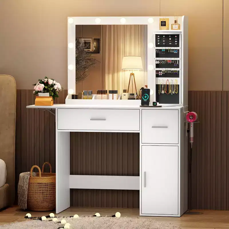 BALHAM TRADE-Makeup Vanity Desk with Rotating Jewelry Organizers and LED Lights Dressing Table