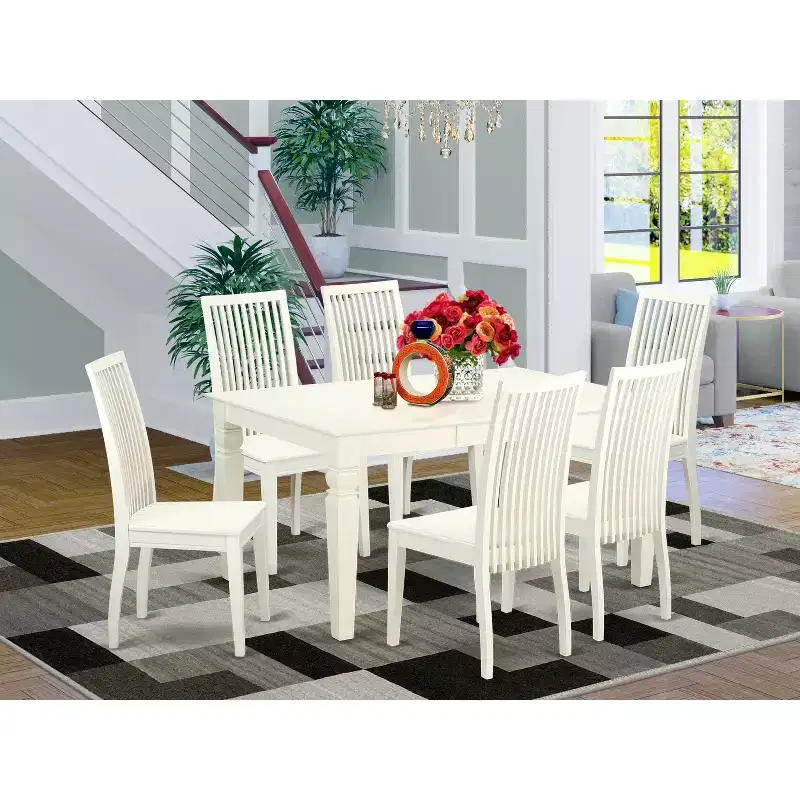 HomeStock 7-Piece Linen White Finish Solid Wood Top Dining Table with 6 Chairs