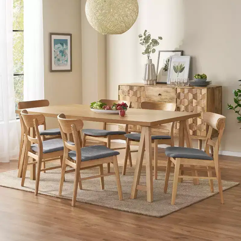 GDFStudio Isador Mid Century Modern 7 Piece Fabric Upholstered Rubberwood Dining Set