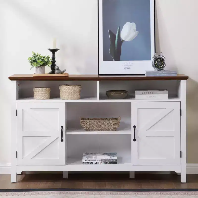 58 Farmhouse Sideboard Cabinet with Barn Doors, Adjustable Shelves - Antique White