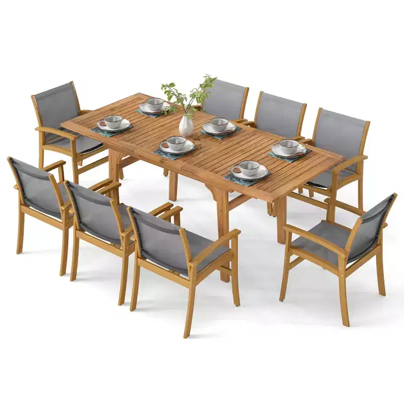 Costway 9PCS Acacia Wood Outdoor Dining Set with 1.97 Umbrella Hole for Backyard, Garden