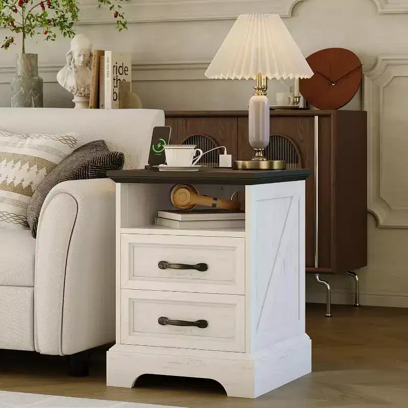 Farmhouse Rustic Nightstands,Modern Wood Night Stands Bedside Tables with 2 Drawers, White Accent Side Tables for Living Room Bedroom