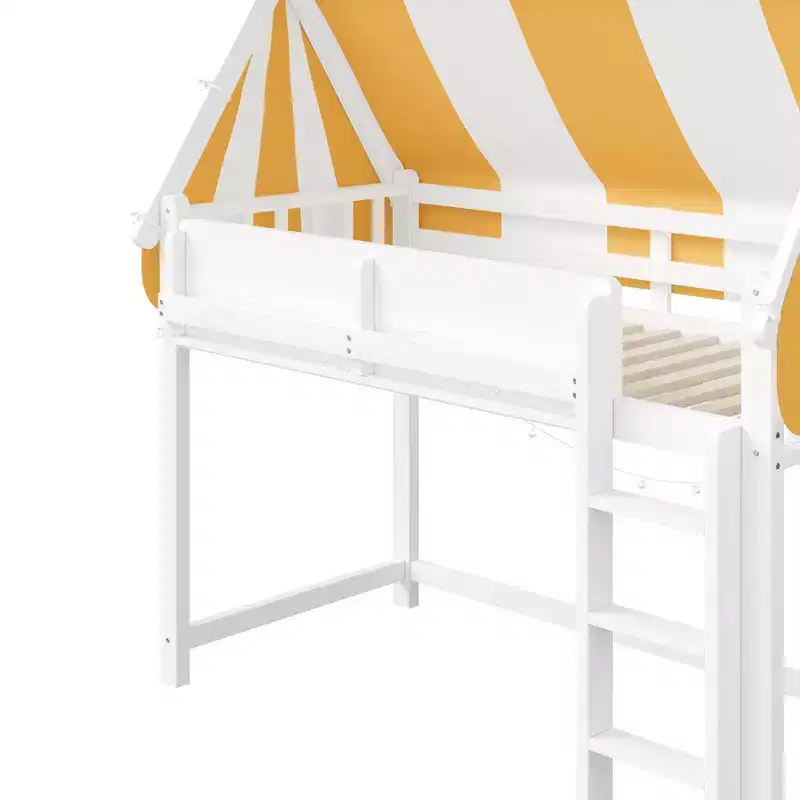 Polibi Canopy Loft Bed with LED String Lights & Front Bookshelf