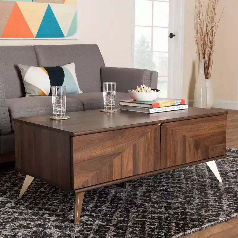 2-Drawer Wooden Coffee Table - Walnut Brown & Gold | Mid-Century Storage